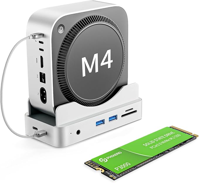PHIXERO PSE Dock Stand for Mac mini M4 with 2TB NVMe SSD 6-in-1 Aluminum Hub 10Gbps USB-A SD/TF Reader Stand Docking Station for Mac mini M4/M4 Pro