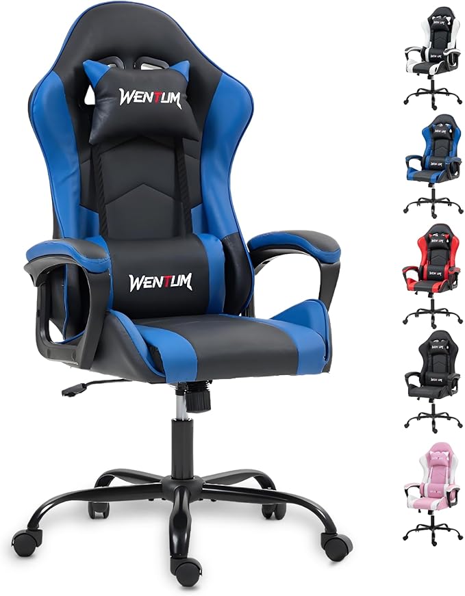 Massage Gaming Chair Ergonomic PC Desk Chair with Headrest and Massage Lumbar Support Video Game Chair w/Height Adjustable High Back for Home Office Blue