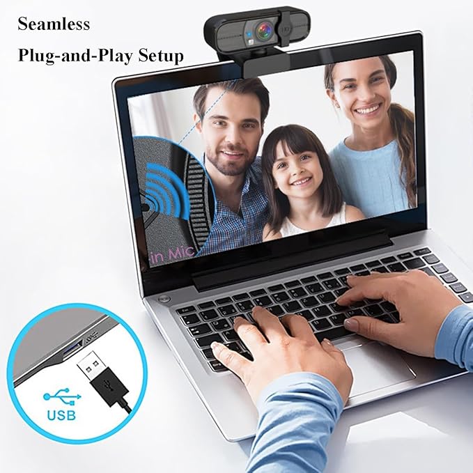 GIZNXBA Video Webcam Noise Cancellation Privacy Cover Wide-Angle Lens Auto Light Correction Auto Focus Function Plug &amp Play USB Webcam for PC Laptop Desktop(Black B2k)