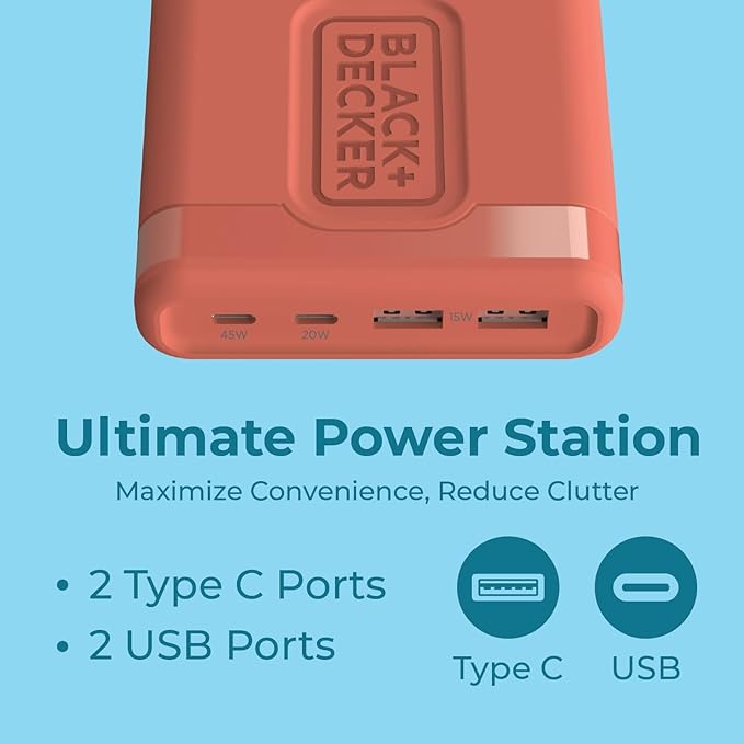 BLACK+DECKER USB C Fast Charger 65W 4 Port Type USB C Charging Station Hub Block TypeC Wall Charger Power Strip Adapter Plug 2 USBC 2 USBA for iPad iPhone 17 16 15 14 Pro Max Pixel Note Galaxy Coral