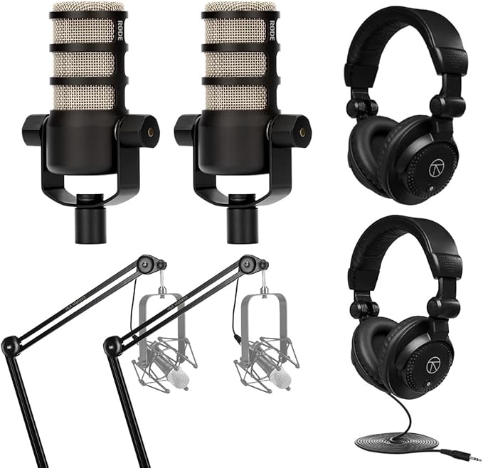 Rode 2X PodMic Dynamic Podcasting Microphones Bundle with H&ampA Broadcast Arms with Internal Springs and Integrated 10' XLR Cables High-Performance Closed-Back Studio Monitor Headphones (6 Products