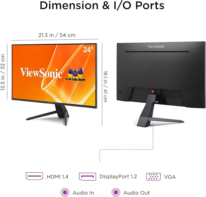 ViewSonic VX2470-MHD 24 Inch 1080p IPS Monitor with 120Hz 1ms Variable Refresh Rate Eye Care HDMI VGA and DisplayPort Inputs