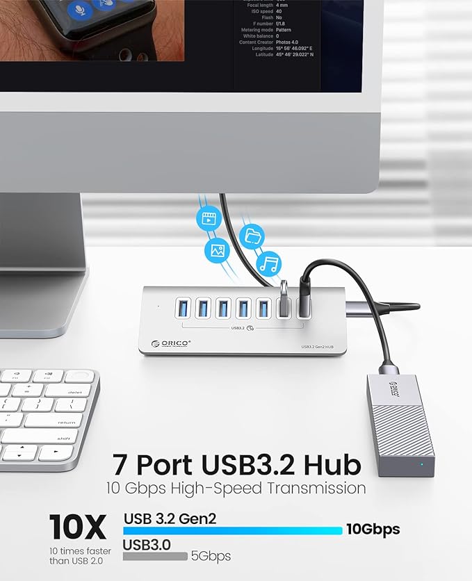 ORICO USB 3.2 Hub 10Gbps with 7 USB A Ports USB 3.2 Gen 2 Hub with 3.28Ft USB-A to USB-C Cable Desk USB Splitter for MacBook Mac Pro/Mini iMac Surface Pro Laptop/PC