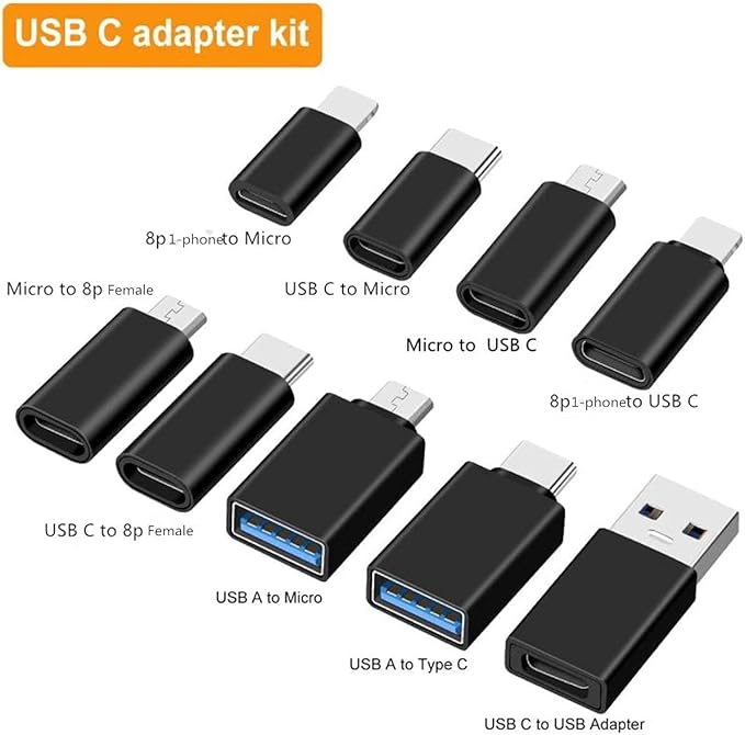 10-Piece Type C Adapter Kit Compatible with Micro USB/Type C/USB OTG Adapter Travel Case with and Carabiner Includes USB Type C Cable