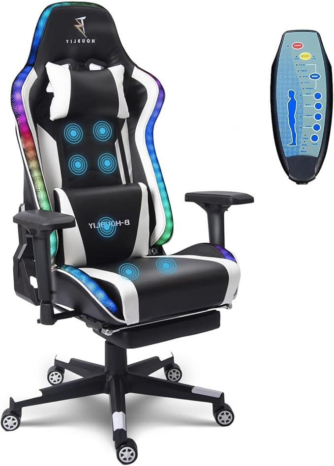Massage Gaming Chair with Footrest and Dual Speakers Gaming Chair with RGB LED LightRacing Computer Chair with Lumbar Support and Headrest for Adults Teens and KidsWhite