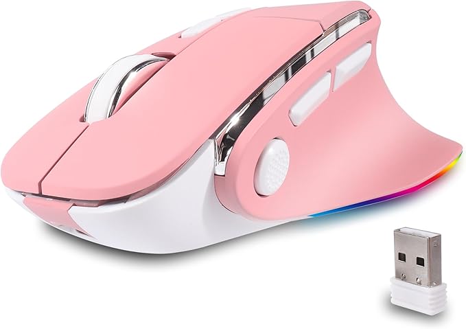 Ergonomic Mouse JigglerBluetooth Vertical Wireless MouseLED Rechargeable Optical Computer Mice Portable(BT5.2 or USB 2.4GHz) Dual Mode1000/1600/2400 DPI8 Buttons for LaptopPCMacbook (pink)
