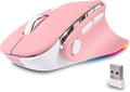 Ergonomic Mouse JigglerBluetooth Vertical Wireless MouseLED Rechargeable Optical Computer Mice Portable(BT5.2 or USB 2.4GHz) Dual Mode1000/1600/2400 DPI8 Buttons for LaptopPCMacbook (pink)