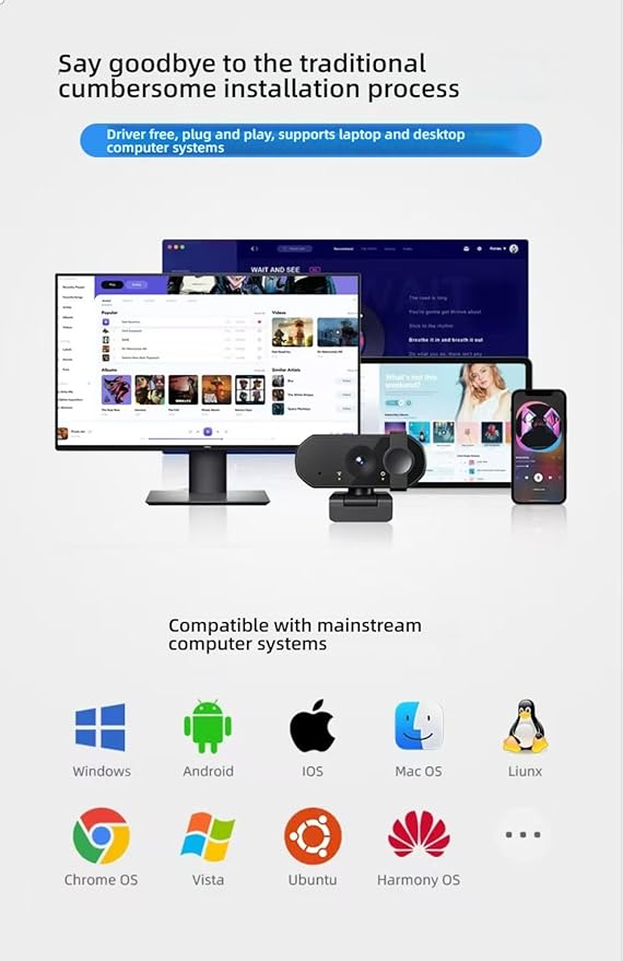 HD Webcam 1080P/2K/4K USB Multiple Mounting Options for Desktop &amp Laptop Plug and Play Facial Recognition Video Conferencing