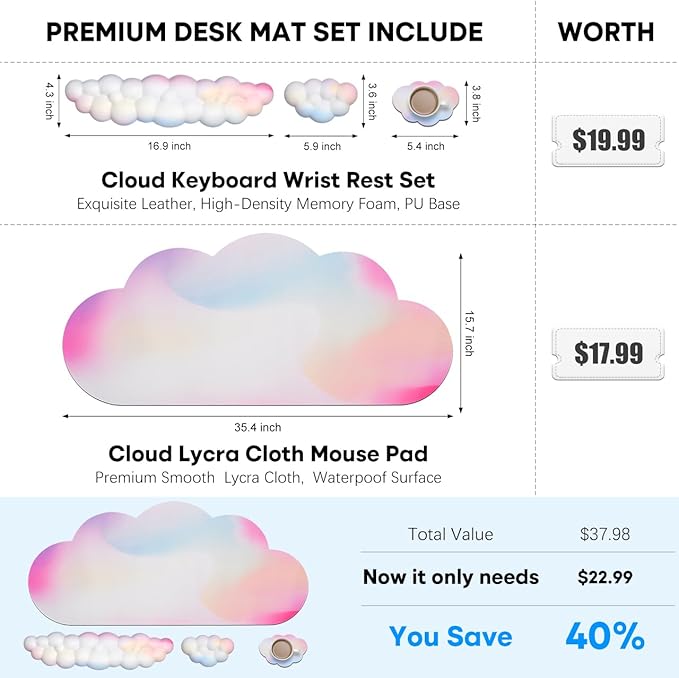 JIKIOU Large Cloud Mouse Pad Waterproof with Cloud Keyboard Wrist Pad and Cloud Mouse Wrist Pad Set Ergonomic Computer Desk Wrist Support Mousepad for Keyboard and Mouse 35.4x15.7in Rainbow