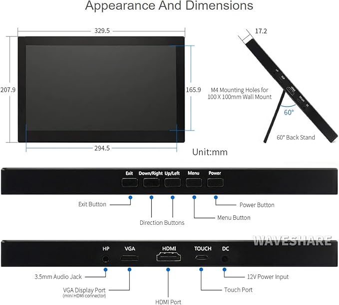 waveshare 13.3inch Capacitive Touch Screen LCD V2 with Case Compatible with Raspberry Pi 4B/3B+/3A+/2B/B+/A+/Zero/Zero W/WH/Zero 2W CM3+/4 1920×1080 Resolution HDMI IPS Supports Jetson Nano/Windows