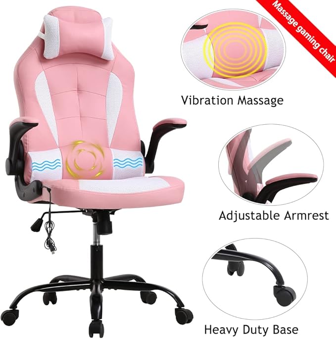 Ergonomic Gaming Office Chair - High Back Executive Computer Chair with Lumbar Support &amp Flip-Up Arms PU Leather Adjustable Swivel Chair for Women/Men Height Adjustable Massage Desk Chair (Pink)