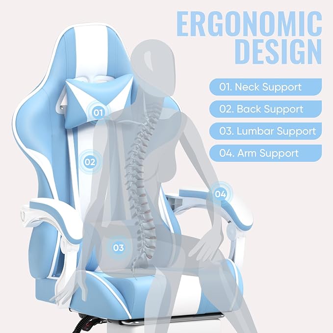 Ferghana Gaming Chairs Ergonomic Racing Style PC Game Computer Chair with Headrest Lumbar Support Adjustable Recliner PU Leather Video Computer Chair(Light Blue)