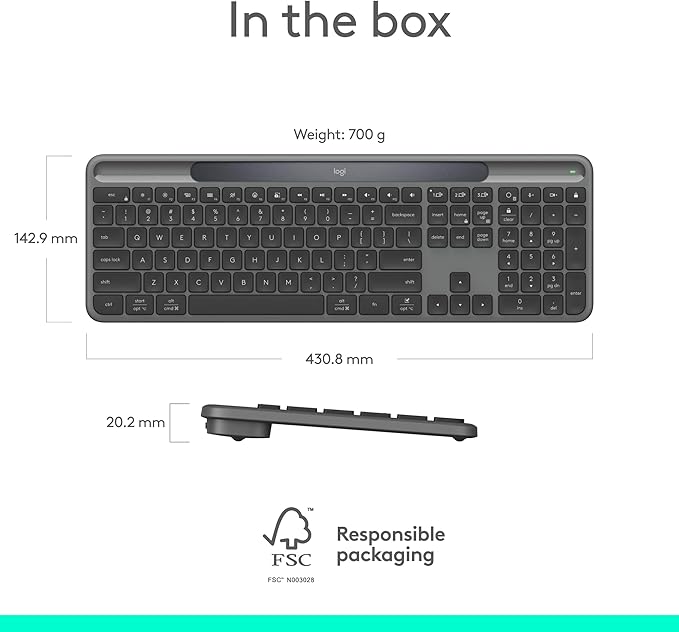 Logitech Signature Slim Solar+ Wireless Bluetooth Keyboard K980 Solar and Artificial Light Powered Up to 10 Years Battery Life Customizable Keys - Graphite