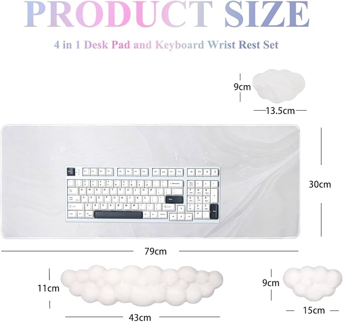 Gaming Desk Mat with Keyboard Wrist Rest Set 4 in 1 Large Mouse Pad &amp Cloud Keyboard Wrist Rest&amp Mouse Wrist Rest&ampCoaster Comfort and Support for Typing and Gaming(White)