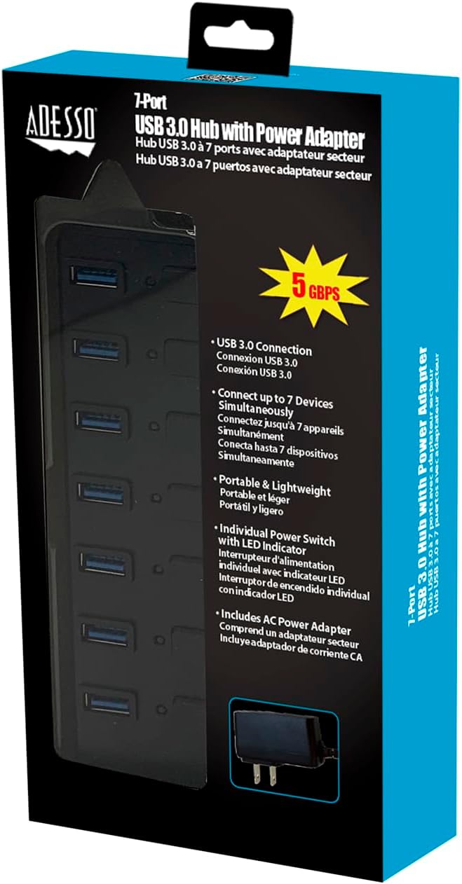 Adesso 7-Port USB 3.0 Hub with Individual Power Switch &amp Power Adapter