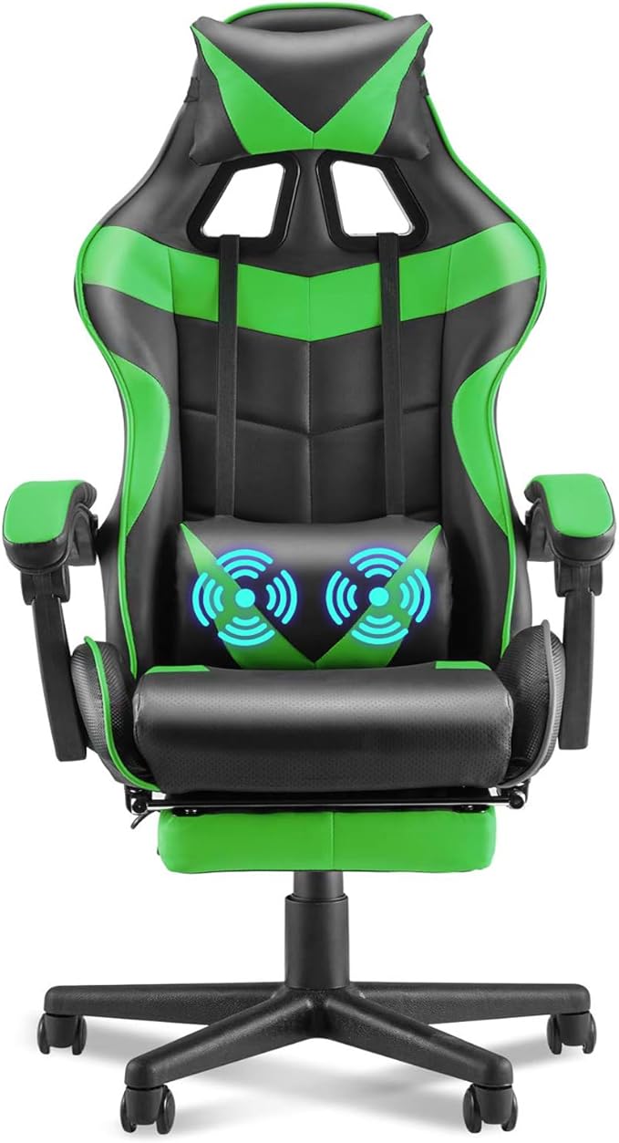 Huracan Gaming Computer Chair with Footrest Adjustable Video Game Chairs for Adults Heavy Duty Office Chair with Headrest and Lumbar Support Green