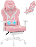 HOFFREE Massage Gaming Chair with Pocket Spring Cushion 155° Reclining Computer Gamer Chair with Footrest and Adjustable Armrests Ergonomic Video Game Chairs Pink and White