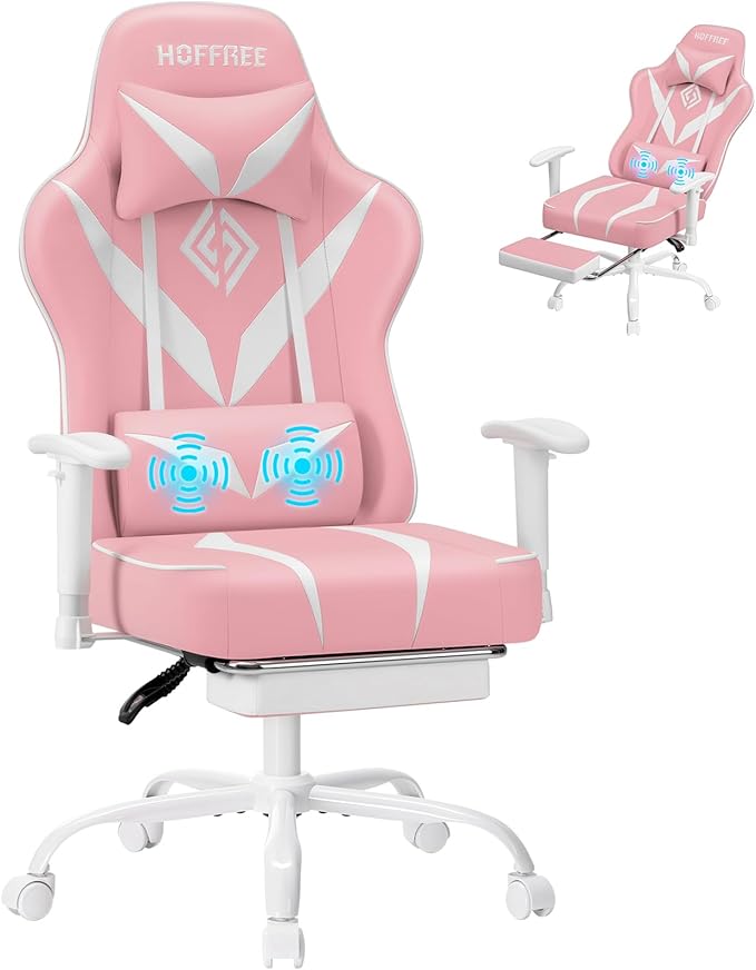 HOFFREE Massage Gaming Chair with Pocket Spring Cushion 155° Reclining Computer Gamer Chair with Footrest and Adjustable Armrests Ergonomic Video Game Chairs Pink and White