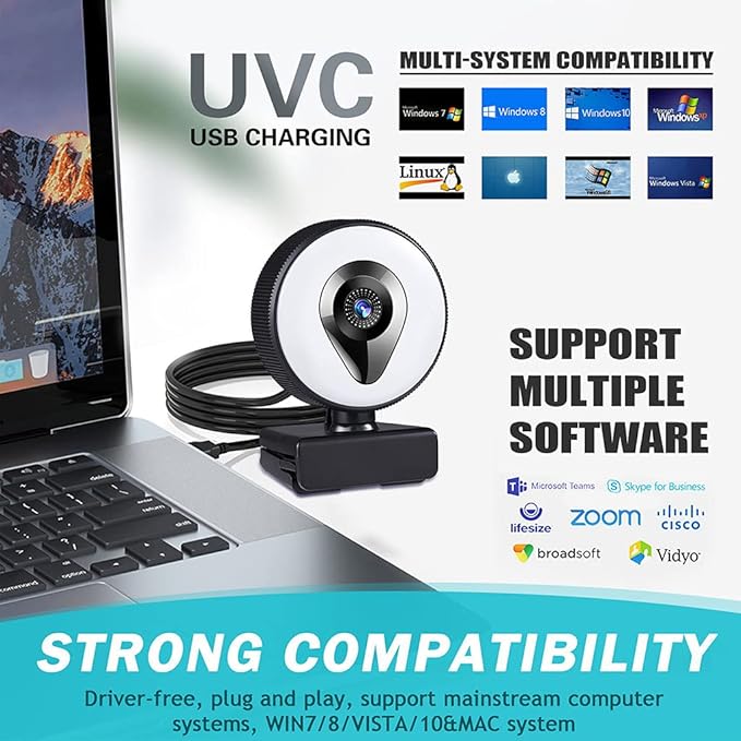 PC Computer 1080P 4K 2K AutoFocus Webcam Double Noise Reduction Microphone USB Auto Installation Camera Video Webcam with Microphone Lighting 4k