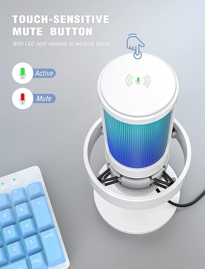 FIFINE Gaming USB PC Computer RGB Microphone for Live Streaming Meeting Podcasting Video Condenser Mic with Monitoring Headphone Jack Light Control for MAC OS/Windows-AmpliGame A8 White