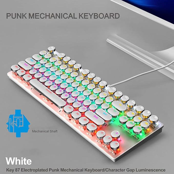 Mechanical Gaming Keyboard and Mouse Combo 87 Key Retro Punk Typewriter-StyleBlue Switch RGB Rainbow Backlit KeyboardCool Breathing Light Lightweight Gaming Mouse for Game and OfficeWhite
