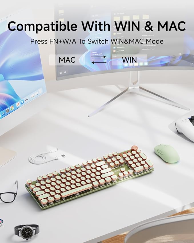 EWEADN Typewriter Style Mechanical Keyboard Wired Typewriter Keyboards104 Keys Backlit LED Metal Keyboards Media Control Knob Wired Computer Keyboard Pink Switch for Windows/Mac/PC-Green