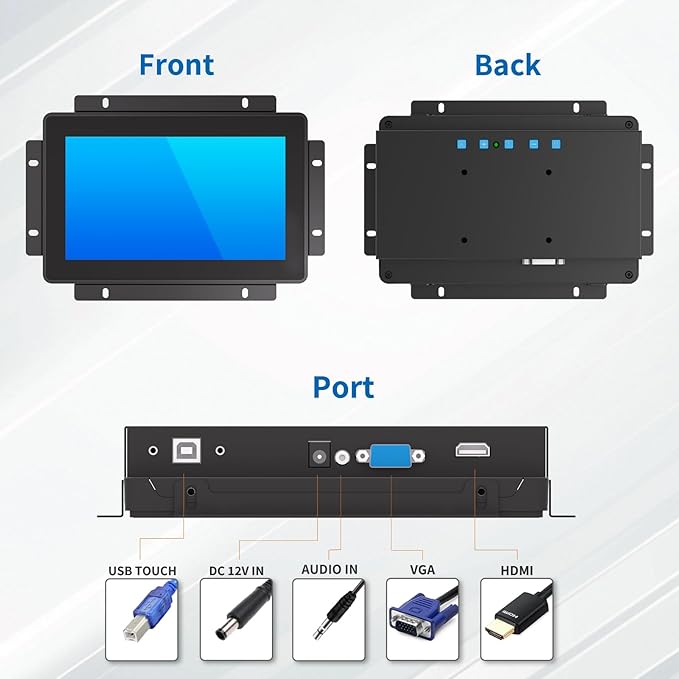 7 Inch Open Frame Touch Monitor PCAP 10-Point Touch Industrial Touchscreen Monitor with HDMI/VGA Interface Active Matrix TFT LCDLED Backlight with VESA Mount