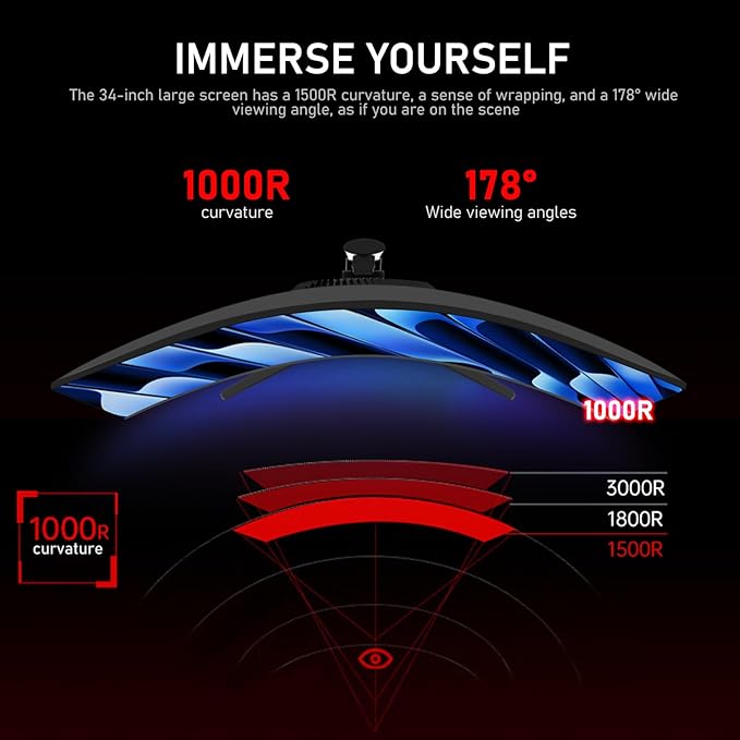 Gawfolk 34 Inch Ultrawide Curved 180Hz Gaming Computer Monitor 1000R PC screen 21:9 UWQHD (3440x1440) 1ms100%sRGBAdaptive SyncHDMI、Display PortLiftable StandWall Mount Compatible 75*75mm-Black