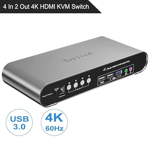 4 Computers 2 Monitors USB 3.0 HDMI KVM Switch 4K@60Hz with Hotkey Switching Automatic Switching 4 Port Dual Monitor Aluminum Digital Display USB 3.0 Audio/Mic EDID HDR10 with Cables