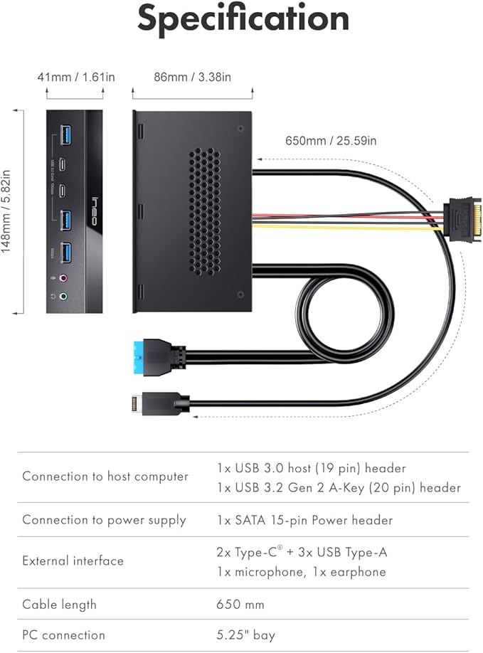 Ineo 5.25 Front Panel USB 3.2 Gen 2 Hub - 2X 10G USB-C 2X 10G USB-A 1x USB 3.0 Type-A Audio &amp Mic Jack [3570II]