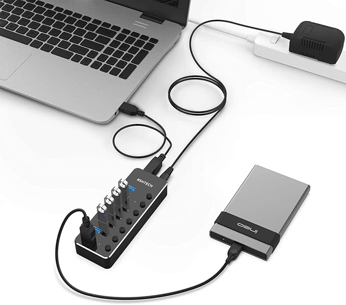 USB 3.0 Hub RSHTECH 7 Port Powered USB Hub Expander Aluminum USB 3.0 Data Port hub with Universal 5V AC Adapter and Individual On/Off Switches USB Splitter for Laptop and PC(Black)