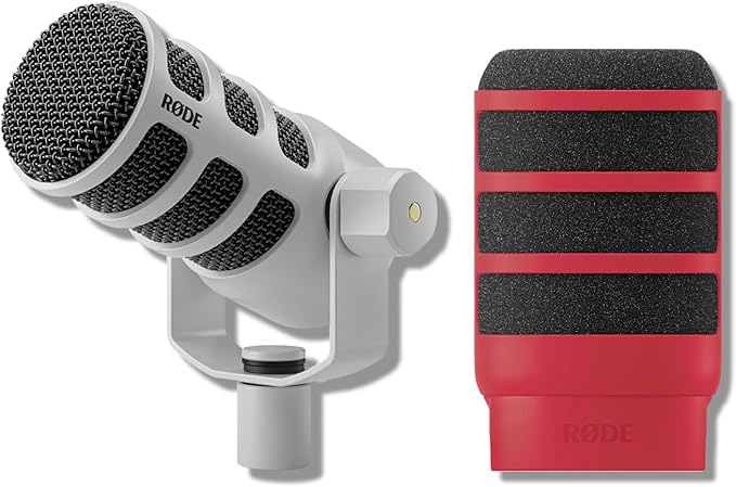 Rode PodMic (White) Cardioid Dynamic Broadcast Microphone with WS14 PodMic Pop Filter - Red