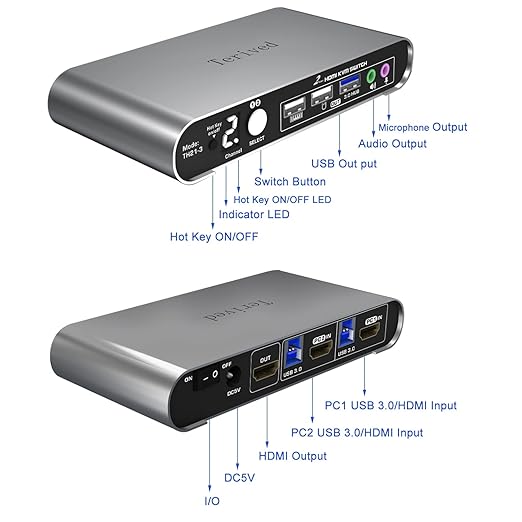 2 Port HDMI USB 3.0 KVM Switch with Aluminum Alloy Shell and Digital DisplayAudio/Microphone 4K@60HzhotkeyAuto EDID HDR10 with Cables