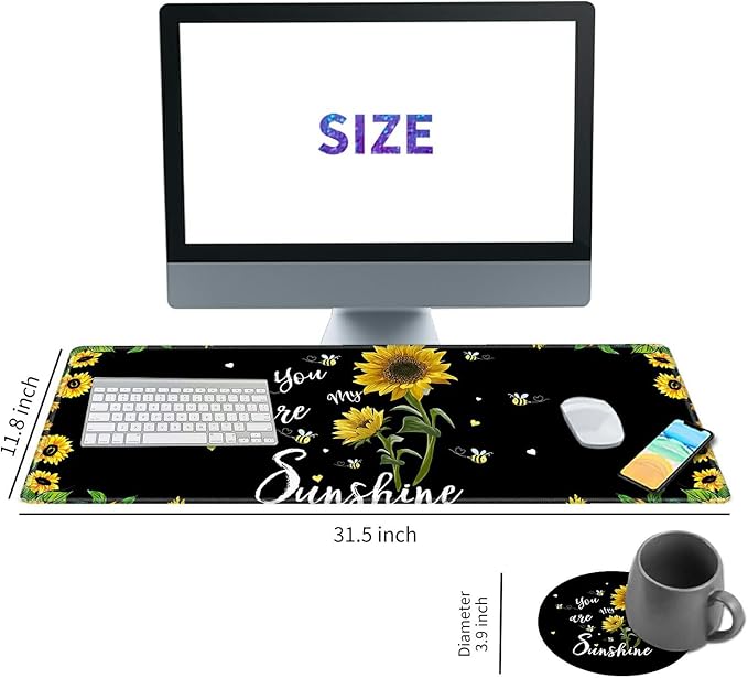 Desk Pad Mat Large Mouse Pad XL Extended Mousepad Gaming with Sunflower 31.5 *11.8 Huge Mouse Pads for Computer Laptop Home Office + Cup Coaster You are My Sunshine