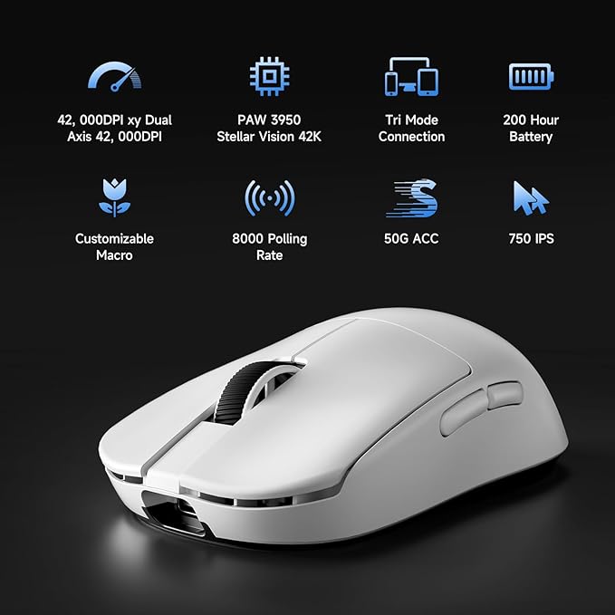 MCHOSE L7 Ultra+ Wireless Gaming Mouse Ultra-Lightweight Ergonomic Mouse with 42K DPI PAW3950 Optical Switch 20000 FPS Dual 8K Polling and 7 Programmable Buttons 3-Mode Connect PC/Mac - White