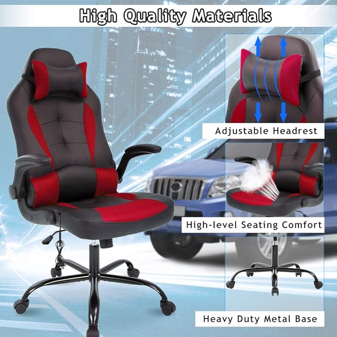 Massage Gaming Chair Ergonomic Office Chair High Back Desk Chair PU Leather Executive Chair with Lumbar Support Headrest Armrest PC Racing Computer Chair Task Rolling Swivel Chair Red