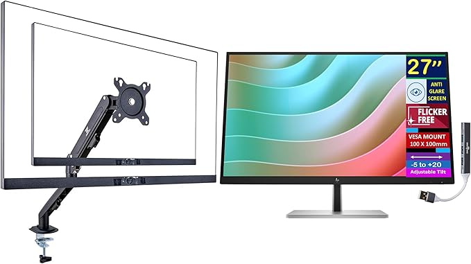 HP E27k G5 27 4K UHD IPS USB-C Monitor with 5ms Response Time Anti Glare Flicker Free VESA Mount (100mm) Displayport HDMI Black/Silver Color(6N4C4AA#ABA) w/DKZ Hub &amp ErgoFlexy Single Mount
