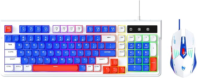 Wired Gaming Keyboard and MouseRainbow LED Mechanical Feeling Gaming Keyboard and 3600DPI Mouse Combo with 19-Keys Anti-Ghosting 98keys Compact StylePlug &amp Play to PCLaptopWindows-Blue and Wh