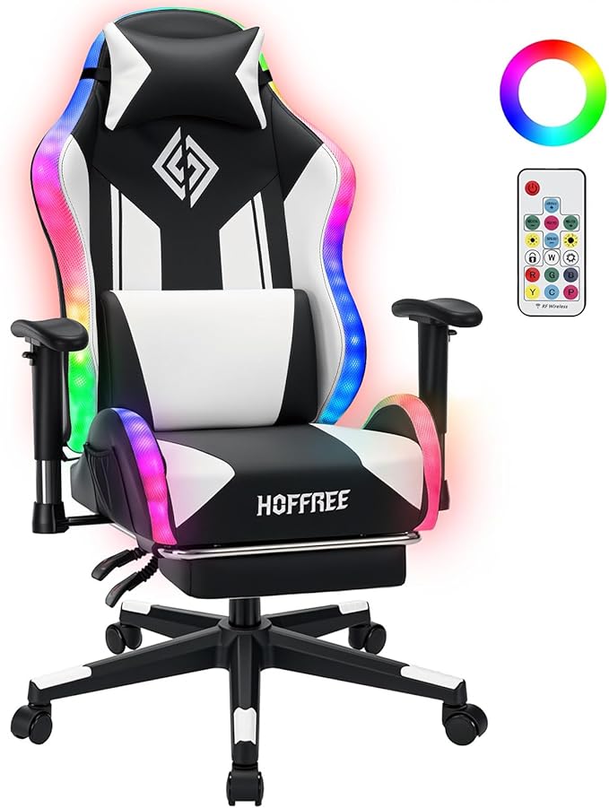 HOFFREE RGB LED Gaming Chair for Kids Reclining Gaming Chairs for Teens 8-15 Computer Chair with RGB Lights Kids PC Game Chair with Footrest and Lumbar Support Video Game Chairs White and Black