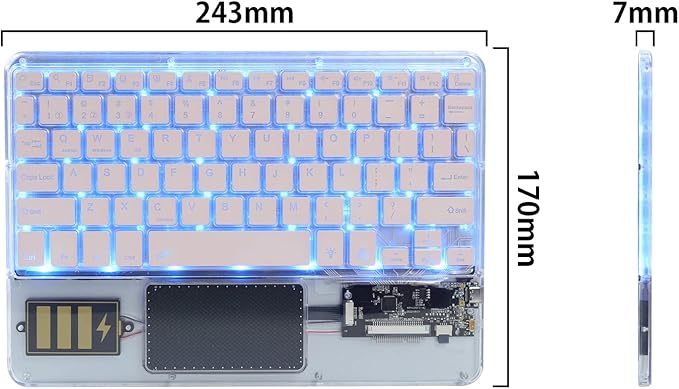 Ultra-Slim Bluetooth Keyboard 7 Colors Backlit Portable Mini Wireless Keyboard Rechargeable for Apple iPad iPhone Samsung Tablet Phone Smartphone iOS Android Windows-Transparent