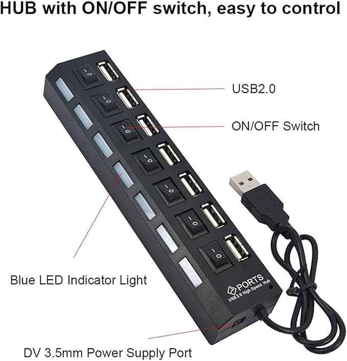 4/7 Ports USB 2.0 Hub Power Adapter Splitter Switch Docking Station LDE Light for PC Computer Laptop Notebook(4 Ports)