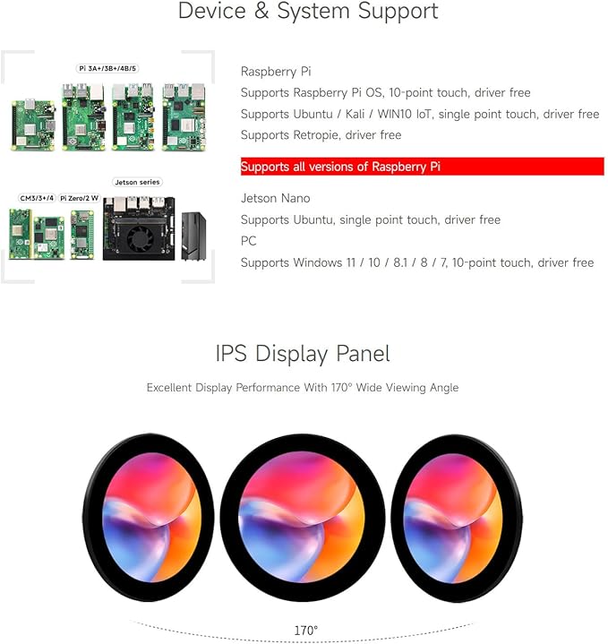waveshare 3.4inch HDMI Round Touch Display 800×800 Resolution IPS 10-Point Touch Compatible with Raspberry Pi 5/4B/3B/Zero/Zero W/Zero 2W/Pico/Pico W/Pico WH Support Jetson Nano and Mini PC
