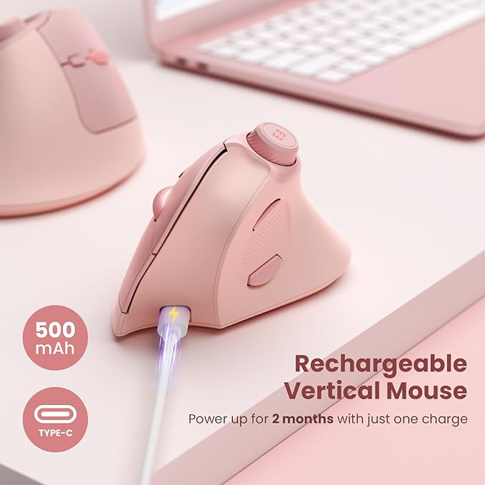 seenda Ergonomic Mouse Wireless MOU-302 Bluetooth Vertical Mouse Rechargeable Optical Mice with 1000/1600/2400 DPI Volume Knob 3 Multi-Device Connectivity for Computer/PC/Laptop/Mac Pink
