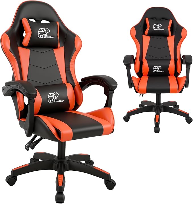 BorealBear Gaming Chair Office Chair Reclining High-Back PU Leather Computer Desk Chair with Headrest and Lumbar Support Suitable for Gaming Chairs Office Storage and More（Orange）