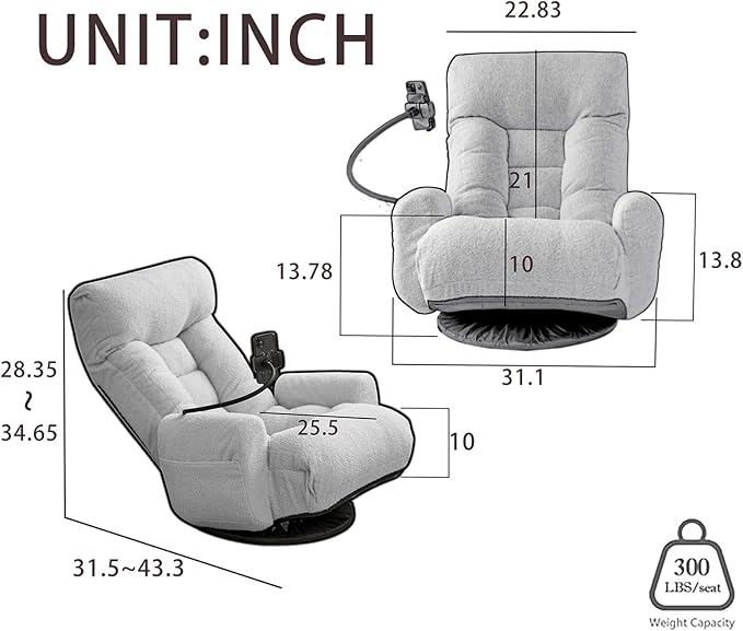 Floor Gaming Chair – 5-Position Adjustable 360° Swivel Folding Sofa Chair with Armrests Cushion-Padded Chaise Lounge for Teens &amp Adults (Gray)