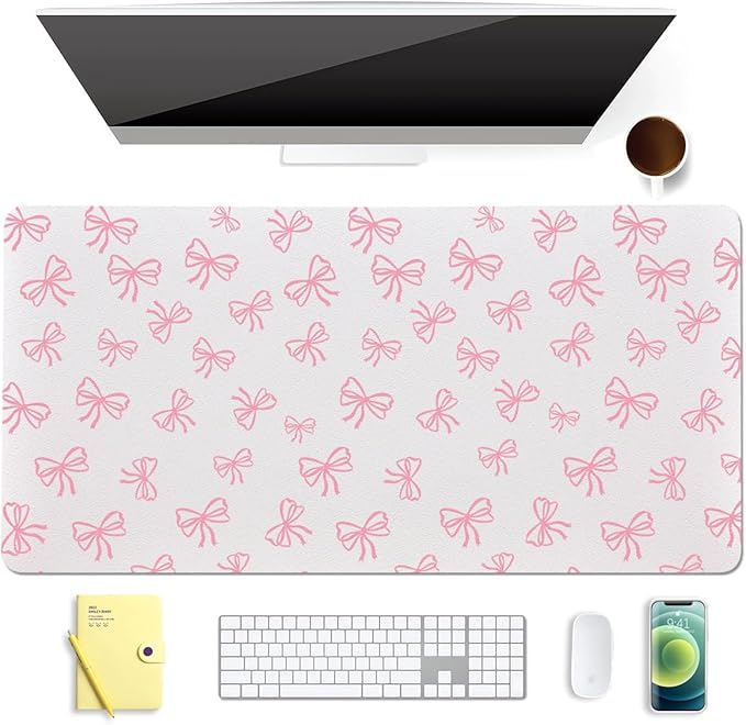 Cute Pink Bow White Extended Gaming Keyboard Mouse Pad Non-Slip Leather Home Office Desk Mat Protector Laptop Desk Pad Writing Pad