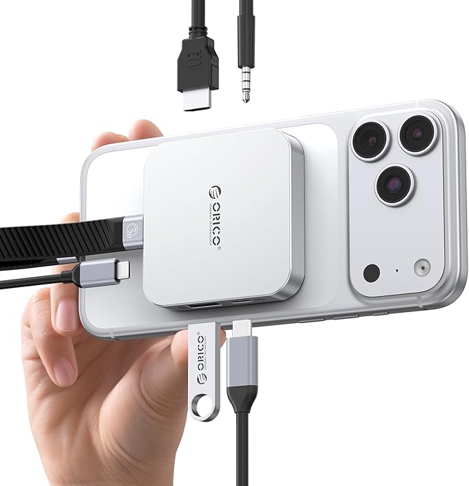 ORICO 10Gbps Magnetic M.2 Docking Station 6-in-1 USB C HUB &amp M.2 2230 NVMe Enclosure with HDMI 4K@60Hz USB-A&ampC 3.2 100W PD AUX USBC Dock for iPhone 17/16/15 Pro/Pro Max