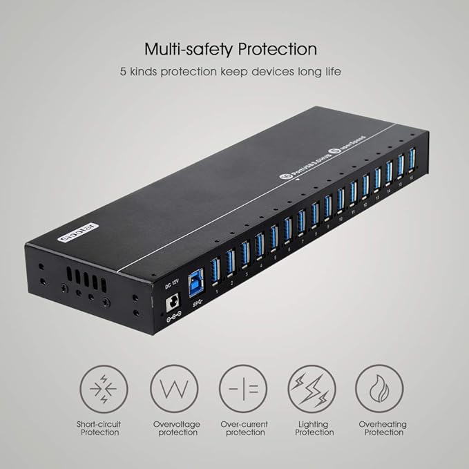 Powered USB Hub - 16 Ports 120W USB 3.0 Hub - Charging hub for Multiple Device with 12V/10A Power Adapter - Output of Max 1.2A Per USB Port - Meta Casing - LEDs - Din-Rail/WallMount Hub