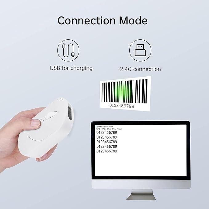 New Wireless Mouse Barcode Scanner 2-in-1 Design 2D Handheld Barcode Scanner with Wireless Mouse Functions for POS SystemStoreSupermarket Warehouse.(White)