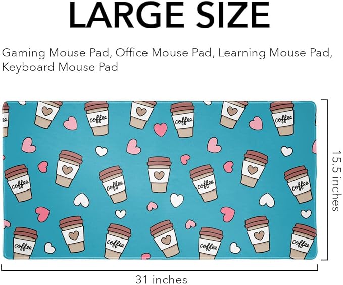 Coffee Lover Pattern Cute Travel Cups Large Gaming Mouse Pad Desk Mat with Stitched Edges Non-Slip Base